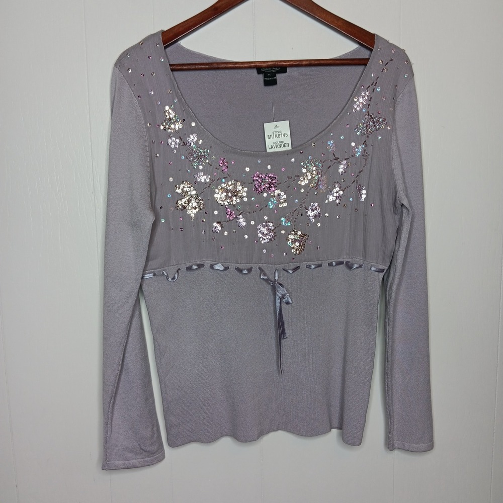 Y2K Fairy Whimsy Top XL Lavender Sequin Scoop Neck Silk Blend Pullover NWT